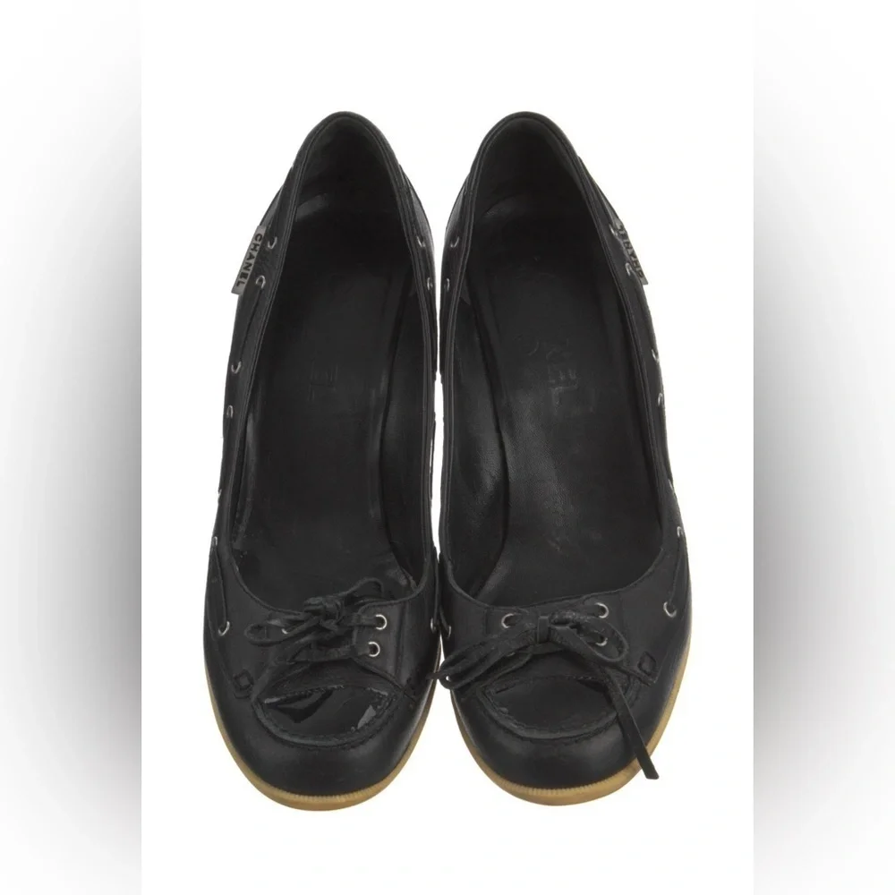 Chanel Black Leather Pumps Shoe Lace Up Sneaker Moccasin Block Heel 39 9 Vintage